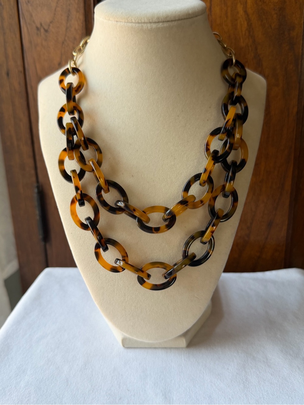 J.Crew Tortoise Shell Link Statement Necklace Double Strand Black Brown - Picture 2 of 11